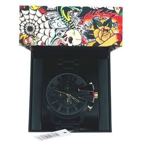 Ed Hardy Chronograph Watch Mens OS Black Gold Skull Tattoo Box Y2K NWT